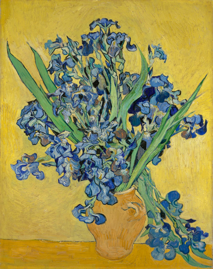 Still Life: Vase with Irises Against a Yellow Background 1890